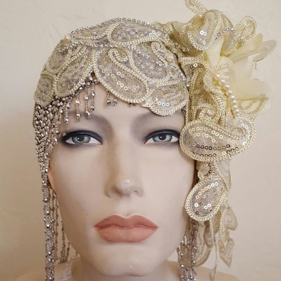 Gatsby 20\'s Silver Ivory Lace Crystal Headpiece main image 7
